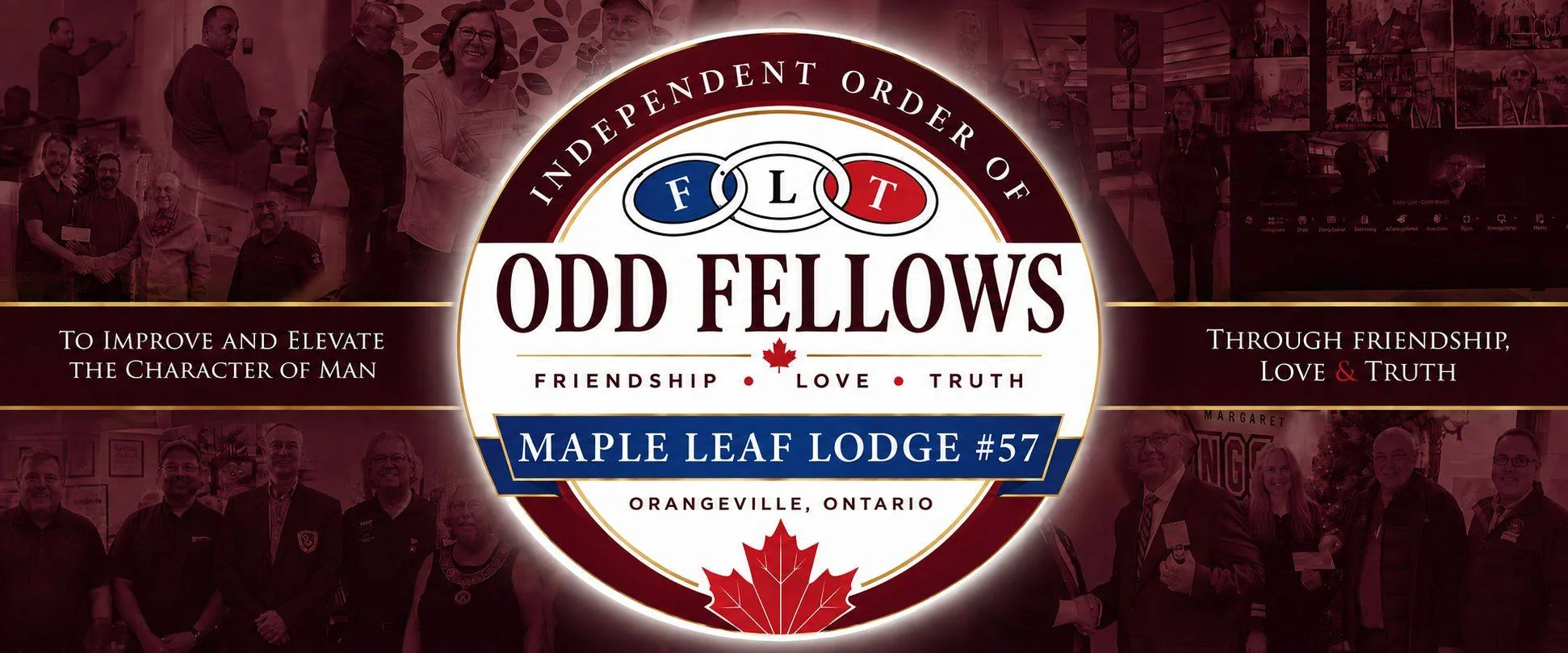 Maple Leaf Lodge 57 banner featuring the Odd Fellows linked rings, Friendship, Love and Truth, and a collage of lodge community activities